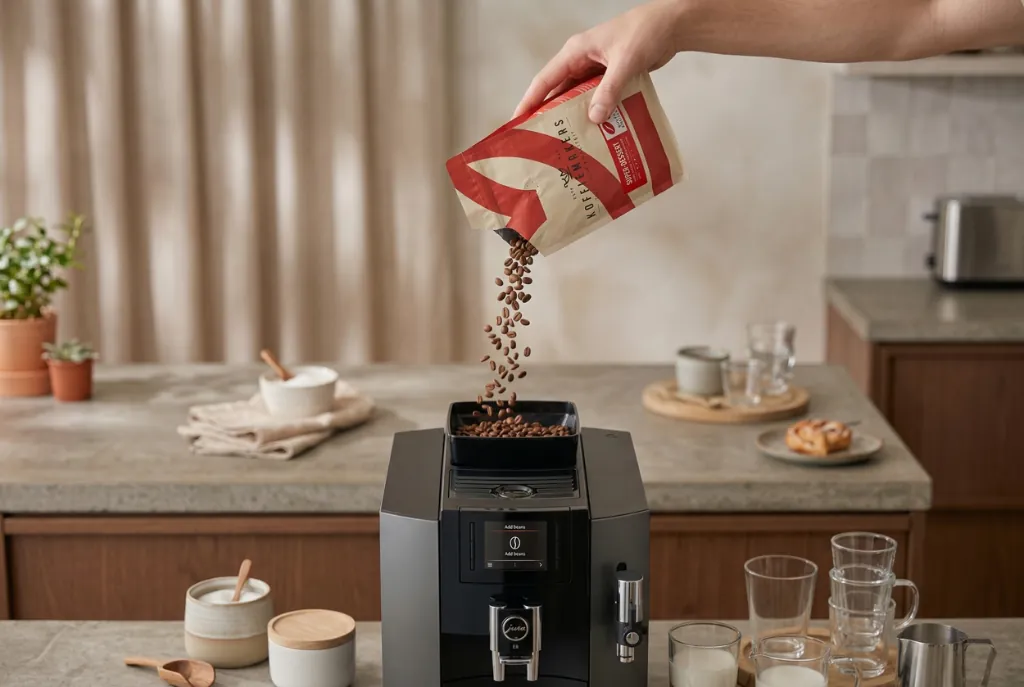 Koffiebonen van Koffiemakers worden in een Jura-volautomaat gegoten